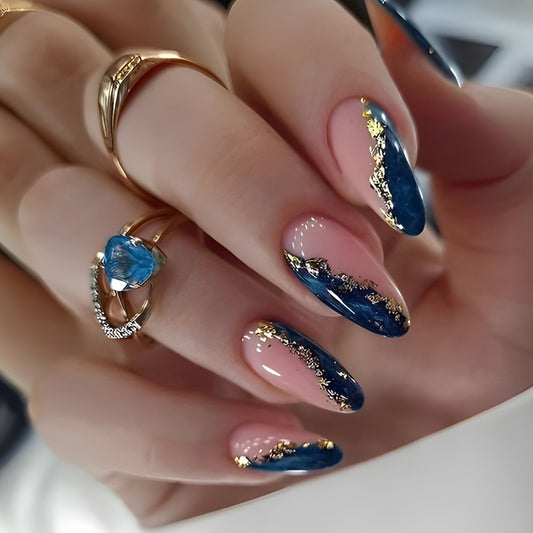 Enchanted Ocean Extra Medium Almond Shape Blue and Pink Press On Nail Set with Gold Accent Detailing