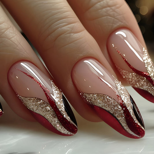 Glamorous Red and Gold Ombre Long Almond Press on Nail Set with Radiant Glitter Accents