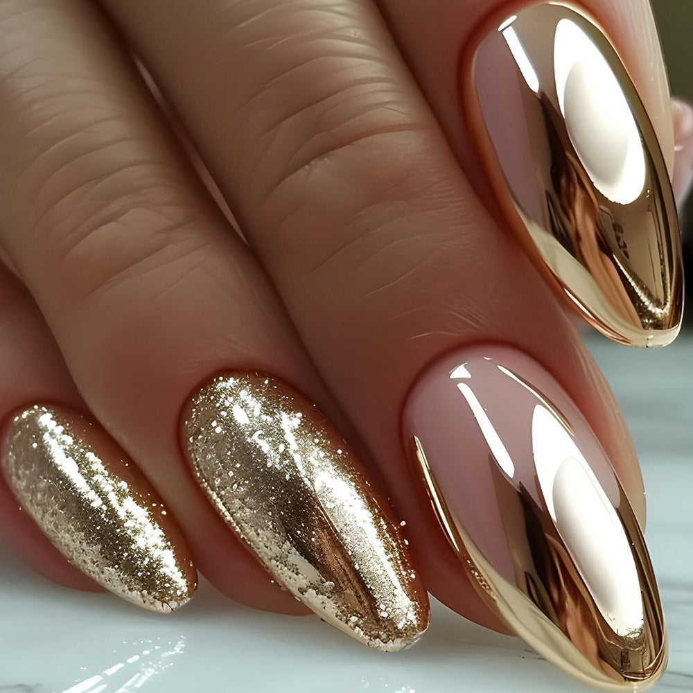 Gilded Glamour Almond Medium Gold Sparkle Press On Nail Set with Mirror Finish