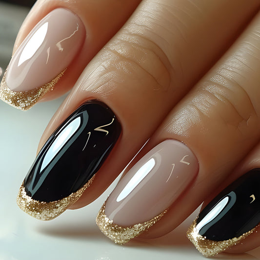 Glamorous Elegance Short Square Black and Beige Press On Nail Set with Stunning Gold Glitter Tips