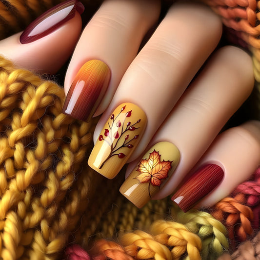 A set of press-on nails featuring a medium square gradient design transitioning from yellow to orange and red, with artistic leaf patterns on each nail.