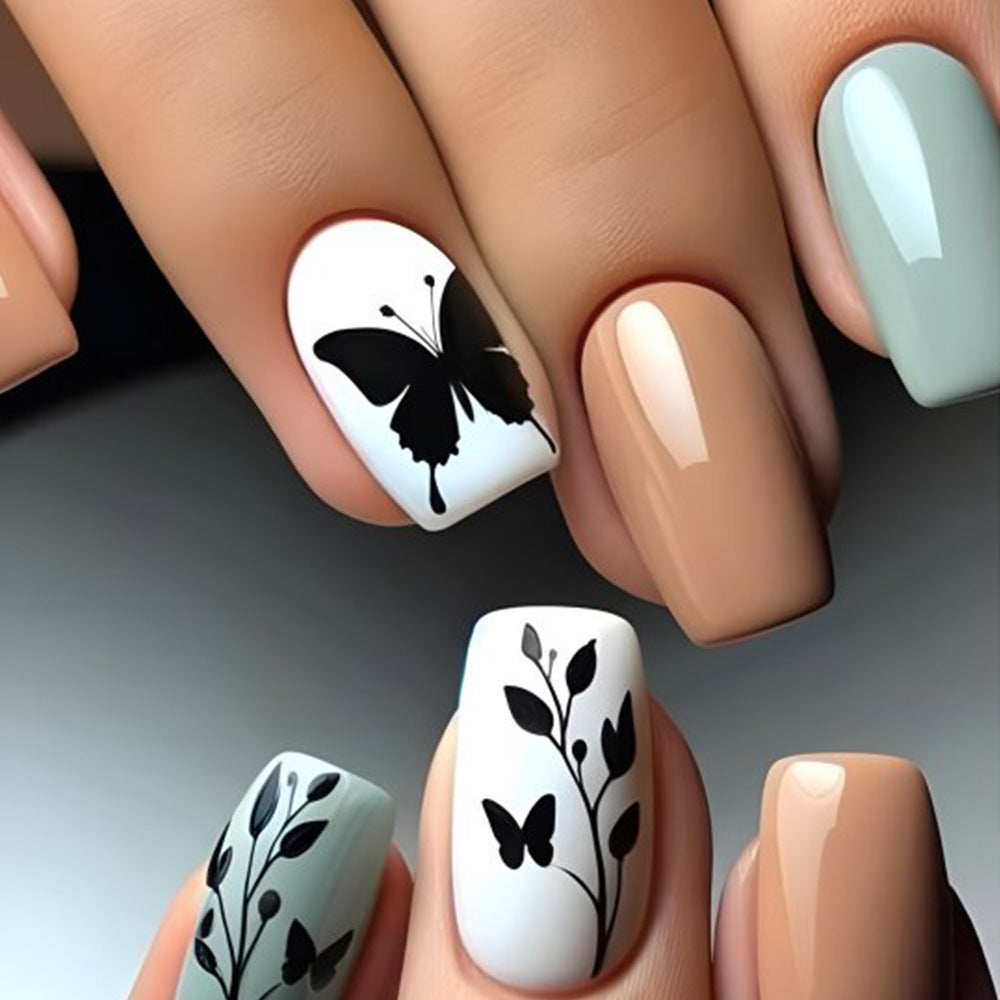 Charming Butterfly Bliss Short Square Neutral and Soft Green with Intricate Black Floral Art Press On Nail Set
