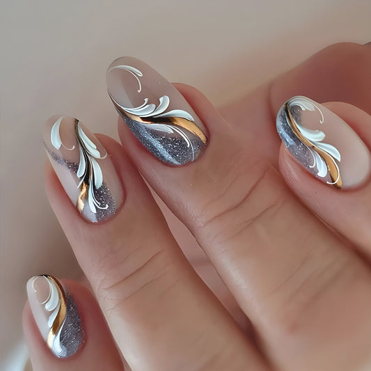 Glistening Elegance Medium Oval Shaped Transparent Gray Nails with Elegant White and Gold Floral Design