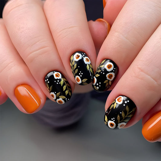 Autumn Enchantment Glossy Medium Round Black and Orange Floral Nail Set with Golden Accents