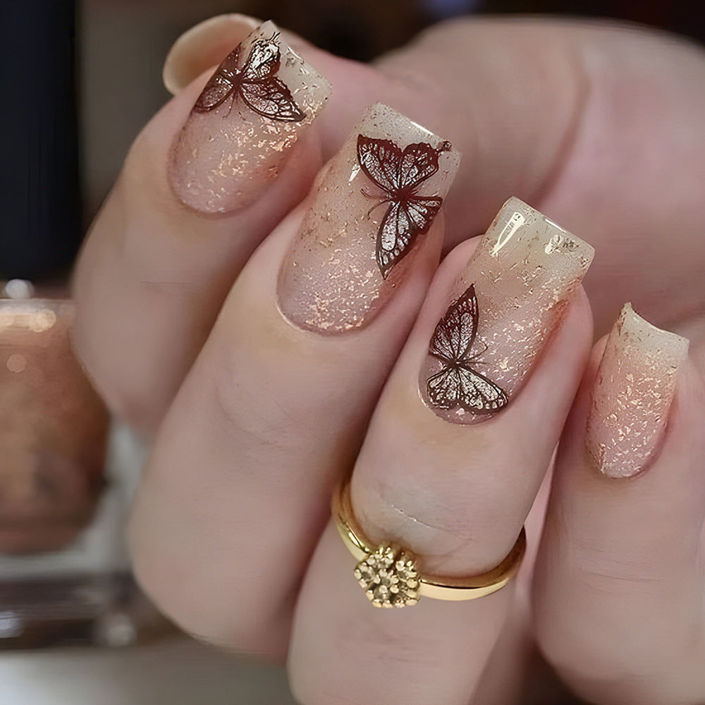 Enchanted Butterfly Romance Medium Square Champagne with Metallic Detailing Press on Nail Set