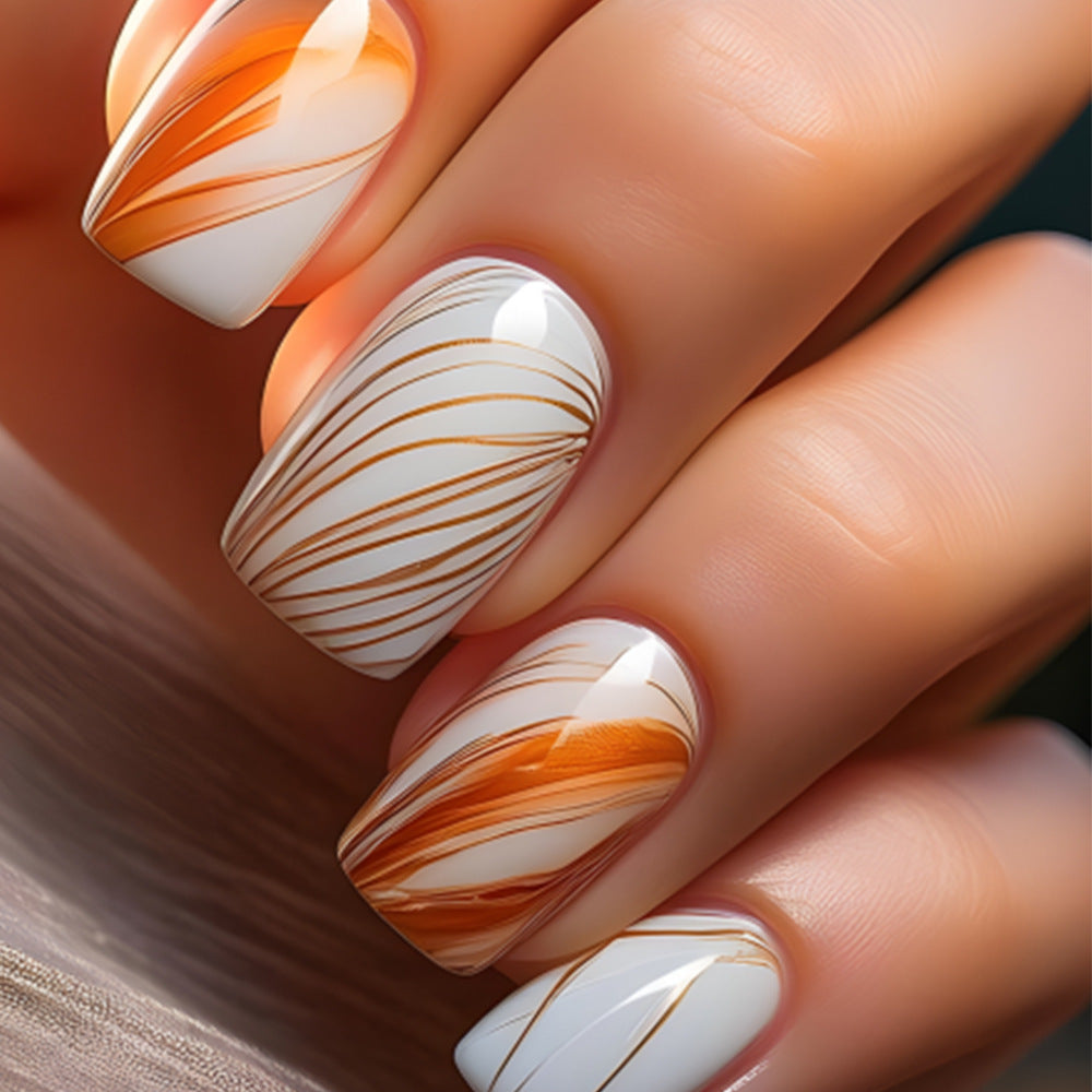 Autumn Whispers Medium Square Almond Orange and White Swirl Design Press On Nail Set