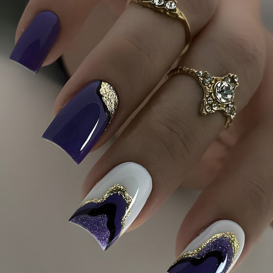 Mystical Elegance Medium Square Purple and White Press On Nail Set with Gold Metallic Accent Detail