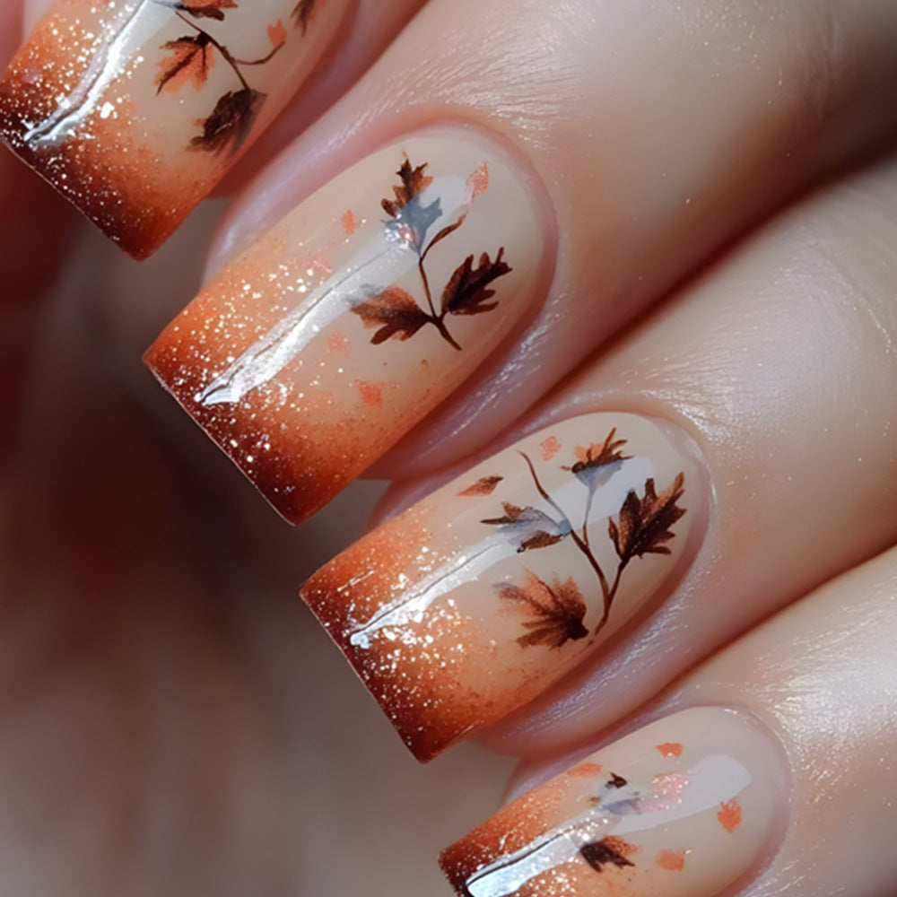 Autumn Elegance Medium Square Warm Orange Ombre with Leaf Design Press On Nail Set