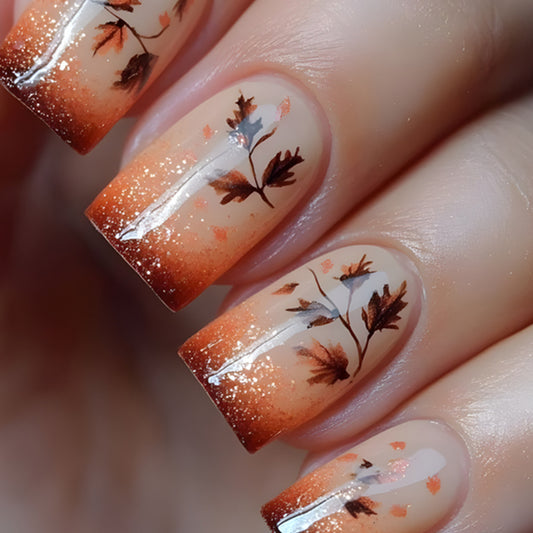 Autumn Elegance Medium Square Warm Orange Ombre with Leaf Design Press On Nail Set