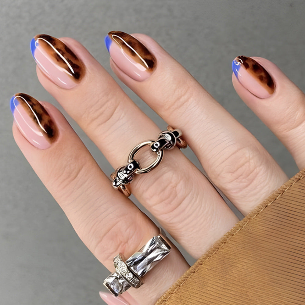 Chic Elegance Short Almond Brown and Blue French Tip Press On Nail Set with Glossy Finish