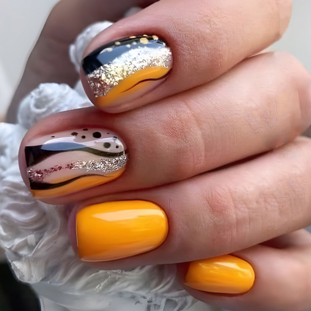 Sunny Vibes Trendy Short Square Yellow and Gray Marble Effect Press on Nail Set