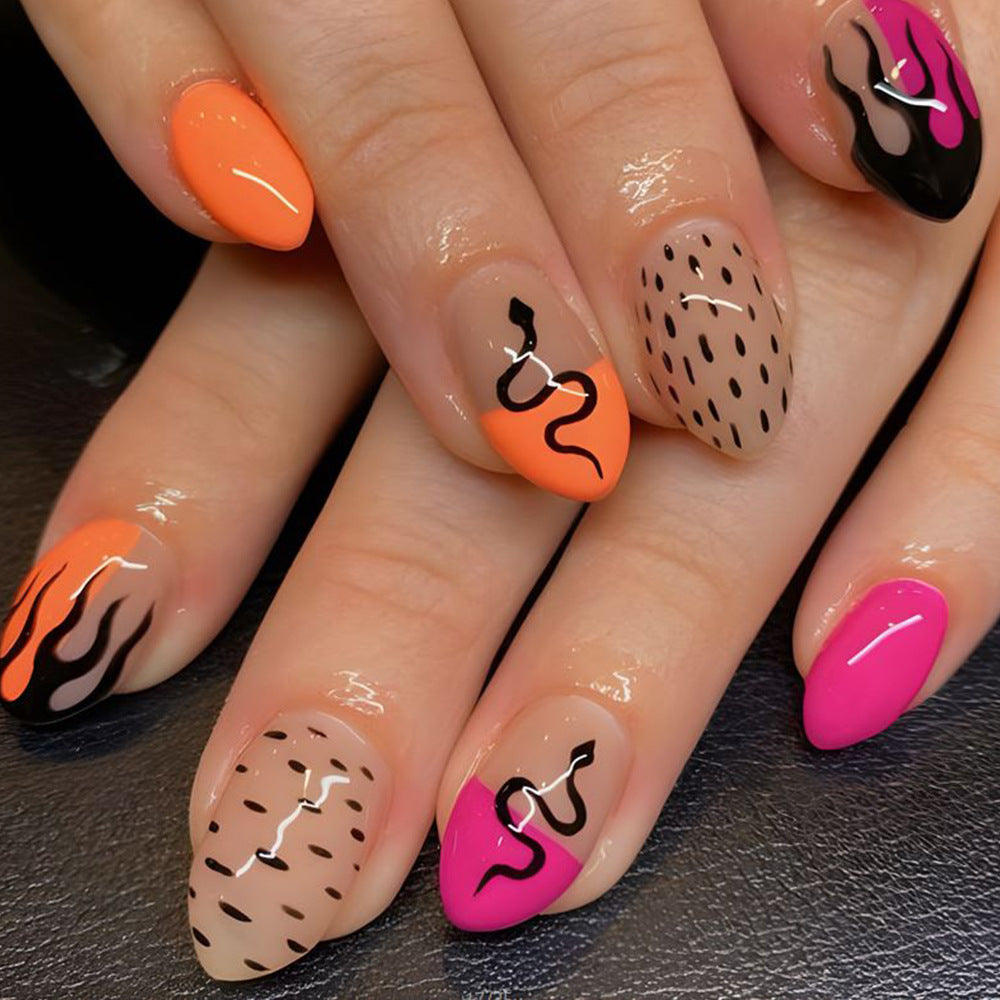 Fiery Expression Press On Nail Set in Medium Almond Shape Vibrant Orange and Pink with Unique Abstract Flame Design