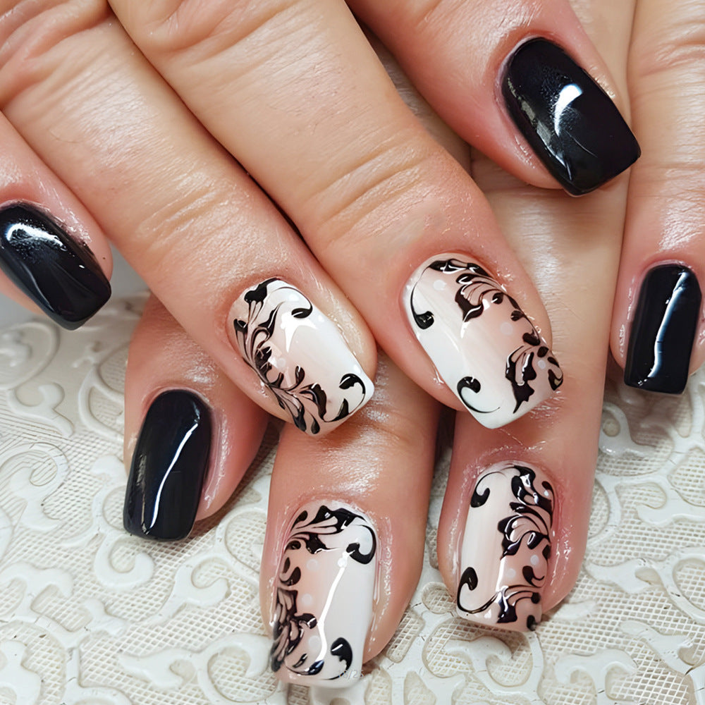 Chic Elegance Medium Square Black and White Artistry Press On Nail Set