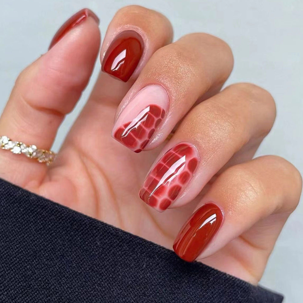 Chic Elegance Short Square Burgundy Glossy Nail Set with Unique Textured Design
