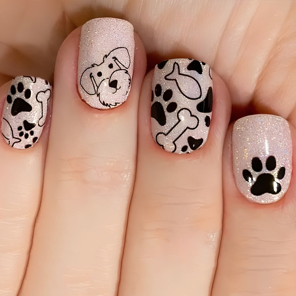 Paw-some Pet Lover Short Square Glitter Pink Press On Nail Set with Adorable Dog and Bone Design