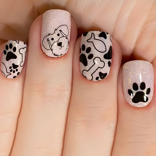 Paw-some Pet Lover Short Square Glitter Pink Press On Nail Set with Adorable Dog and Bone Design