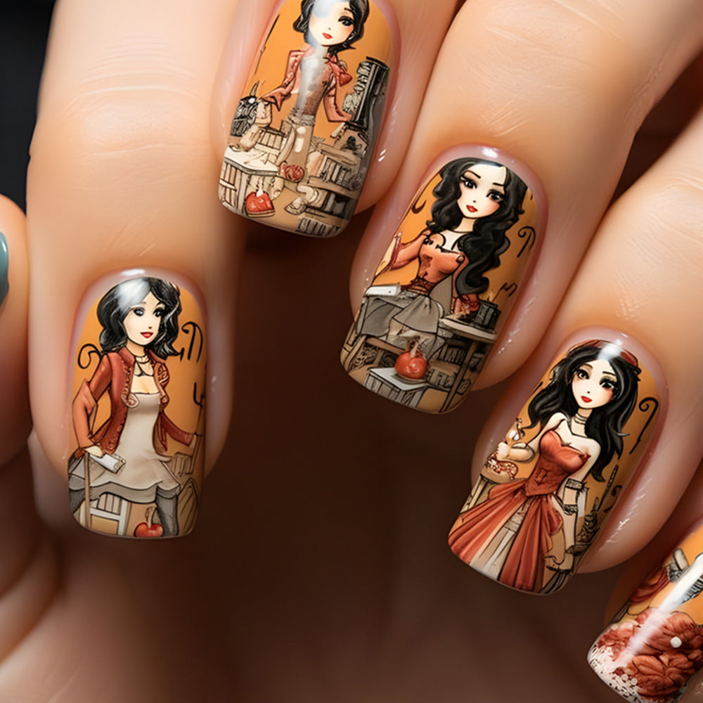 Charming Whimsical Lengthy Medium Square Shaped Orange Press On Nail Set with Enchanting Character Illustrations