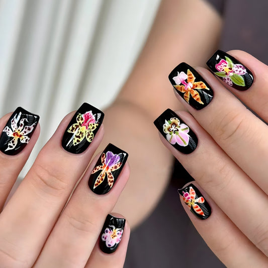 Tropical Bloom Short Square Black Floral Press-On Nail Set with Intricate Orchid Designs