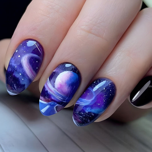 Galactic Dreams Medium Almond Shimmering Purple Space-Themed Press On Nail Set
