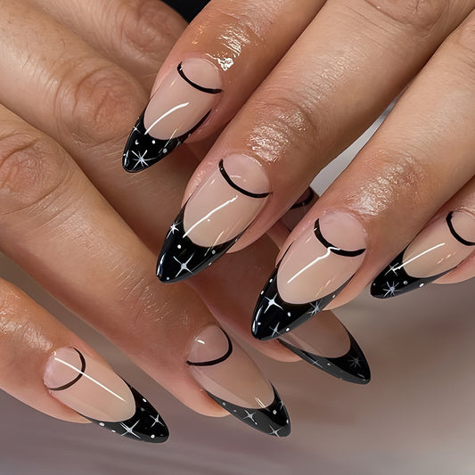 Celestial Elegance Medium Almond Shaped Black and Clear Press on Nail Set with Starry Accents