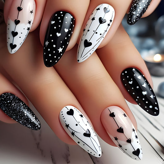 Chic Noir Heartfelt Medium Almond Press On Nail Set in Monochrome with Starry Accents