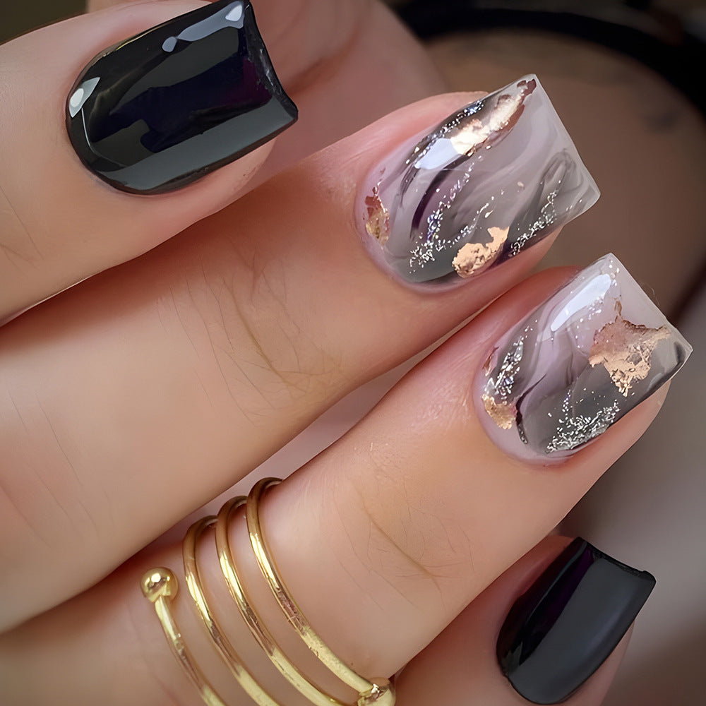 Elegant Marble Dream Short Square Black and Gray Glossy Finish with Gold Accents Press On Nail Set