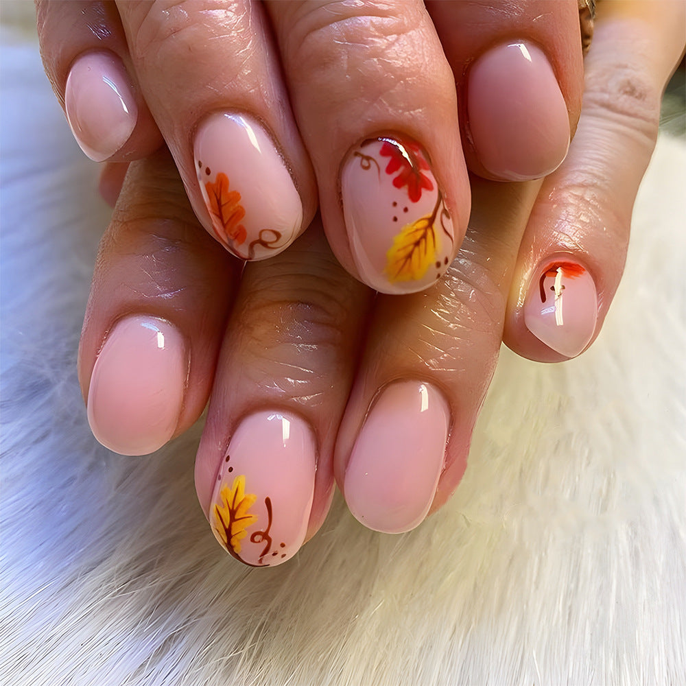 Autumn Bliss Short Round Pink with Leafy Accents Press-on Nail Set