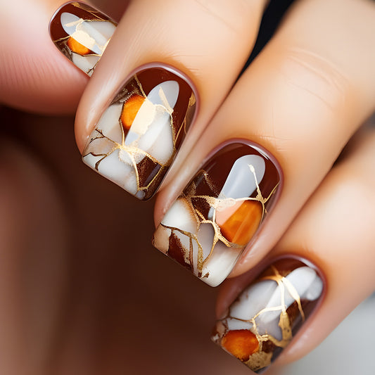 Autumn Elegance Medium Square Brown and White Marble Nail Set Featuring Golden Veins
