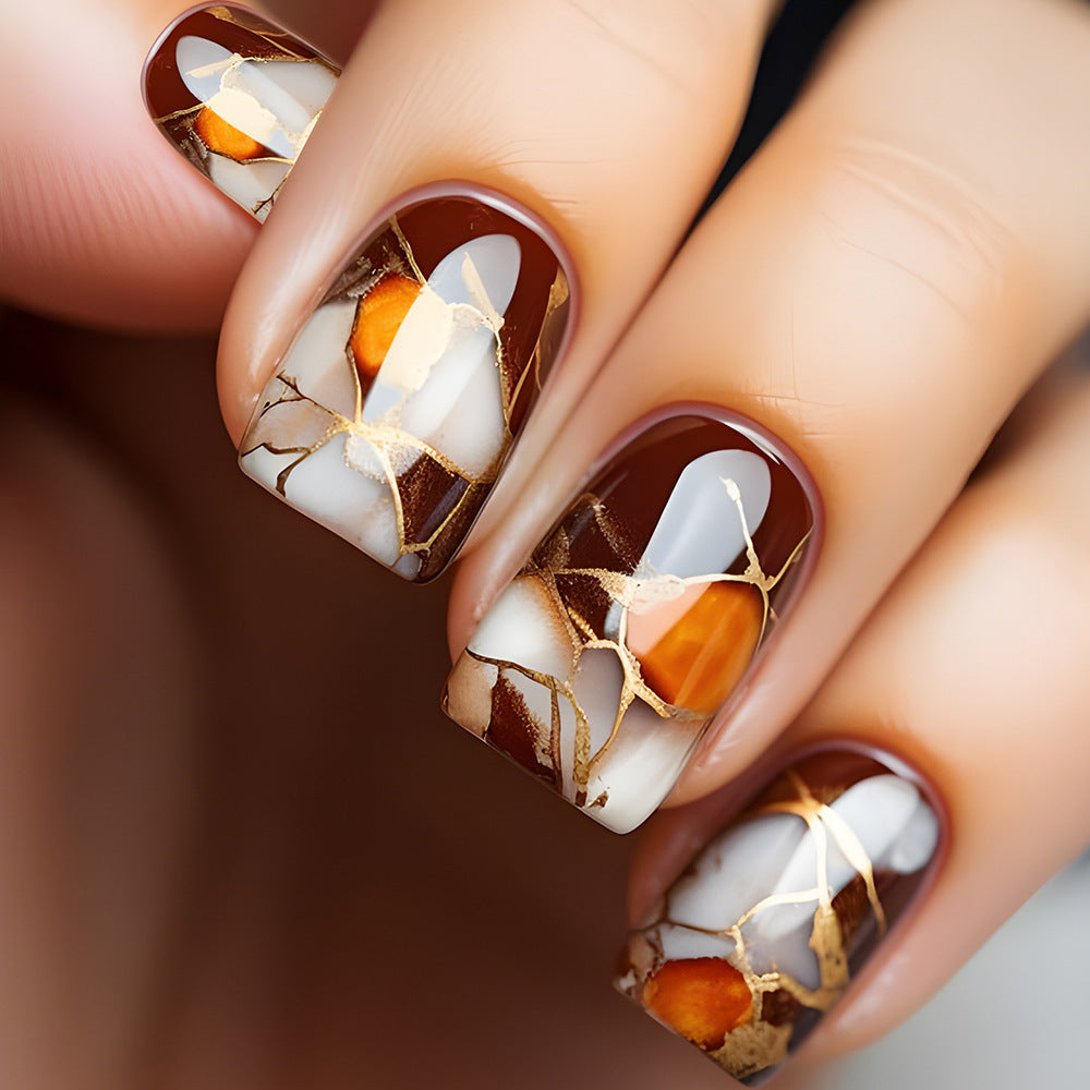 Autumn Elegance Short Square Brown and White Marble Press-On Nail Set with Gold Accents