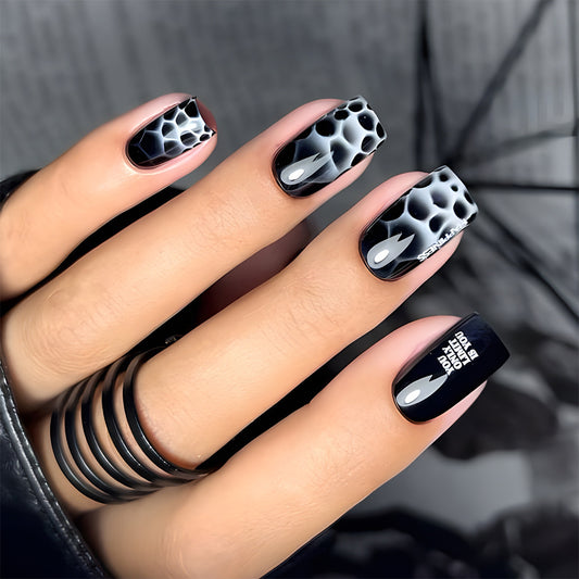 Gothic Elegance Medium Square Black with Unique Droplet Design Press-On Nail Set