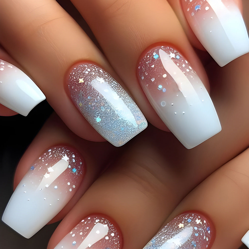 Celestial Glow Medium Square White Ombre Press on Nail Set with Glitter Sparkle