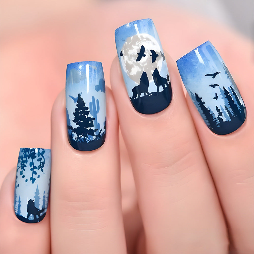 Whimsical Wilderness Medium Square Blue Gradient Forest and Moon Design Press On Nail Set