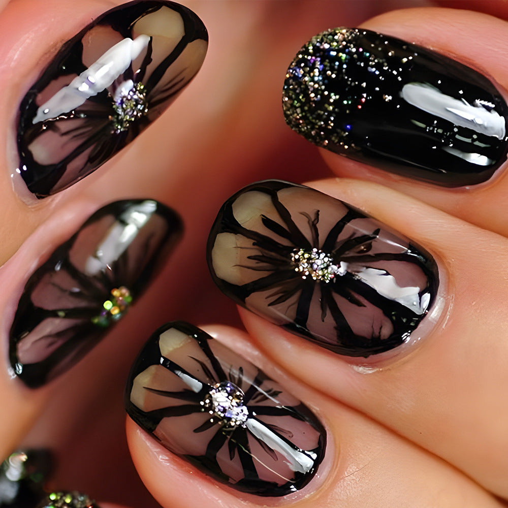 Mystical Garden Elegant Medium Squoval Black Press On Nail Set with Stunning Floral Designs and Sparkling Accents