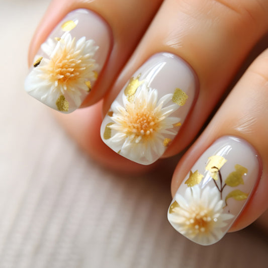 Blossom Elegance Square Short Soft White with Gold Floral Accents Press On Nail Set