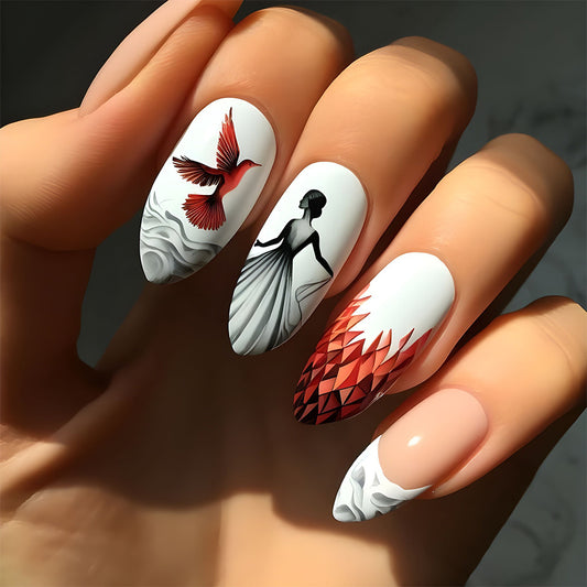 Elegant Whimsical Talons in Short Almond Shape with Red and White Color and Intricate Hummingbird and Silhouette Design
