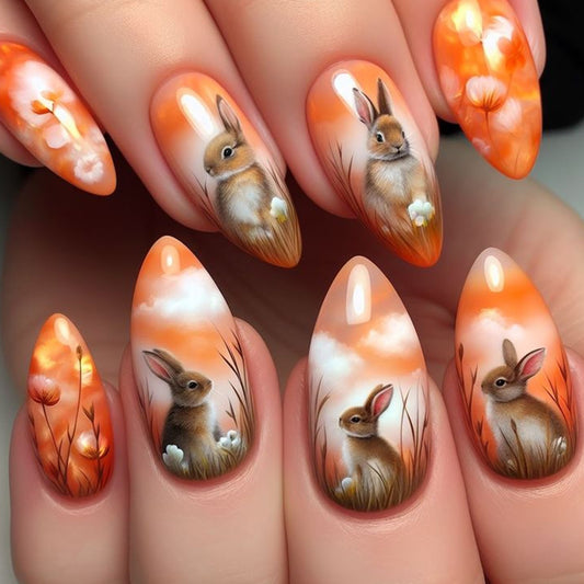 Whimsical Bunny Garden Medium Almond Orange Gradient Press On Nail Set with Hand-Painted Rabbit Designs