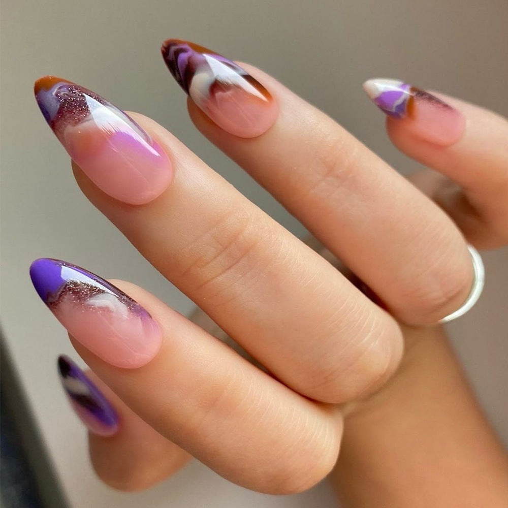 Bohemian Dream Medium Almond Purple Gradient Colorful Marble Effect Press On Nail Set