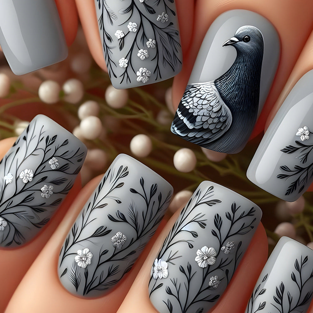 Whimsical Garden Medium Square Gray Nail Set with Elegant Petal and Pigeon Designs