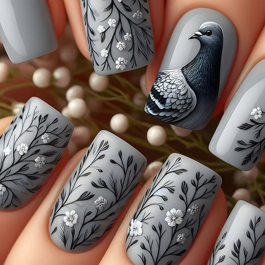 Whimsical Garden Medium Square Gray Nail Set with Elegant Petal and Pigeon Designs