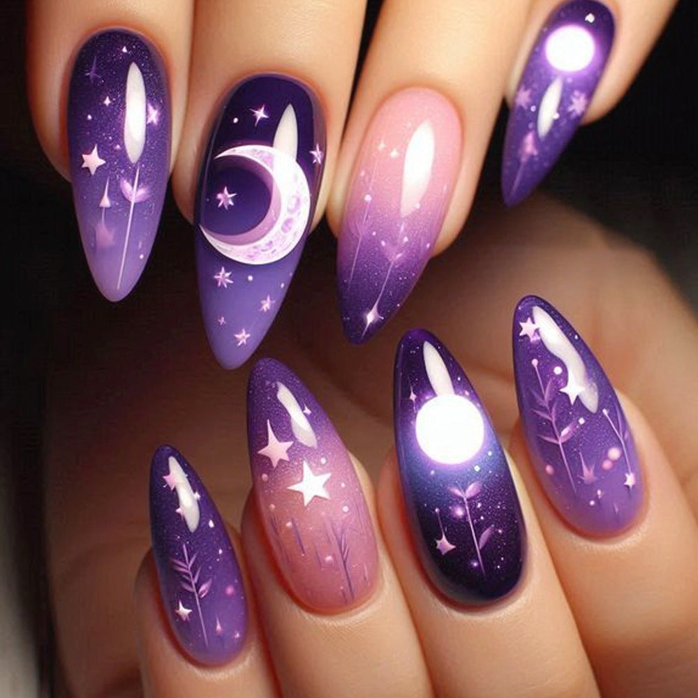 Celestial Dreamscape Long Almond Purple Gradient Press On Nail Set with Enchanting Moon and Star Designs