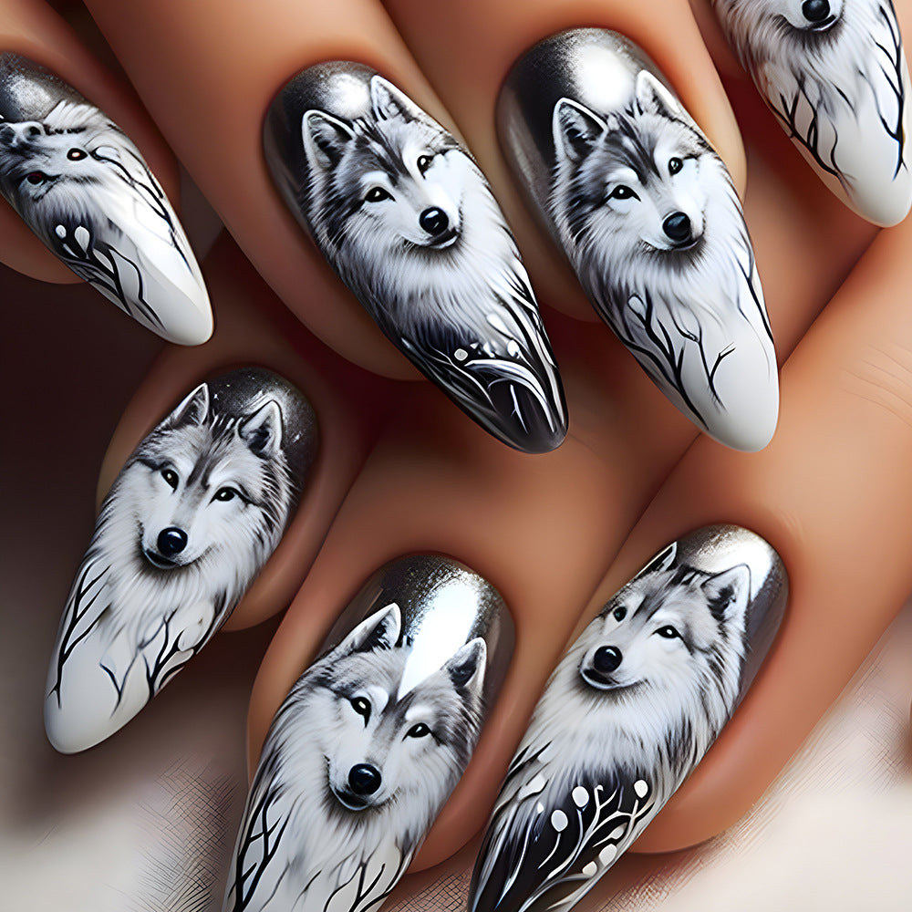 Wolf Pack Inspired Medium Almond White and Black Nail Set with Artistic Wolf Design
