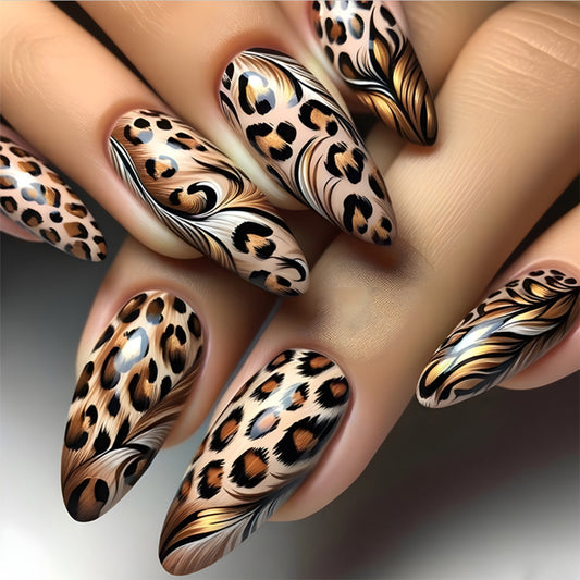 Wild Safari Inspired Medium Almond Length Leopard Print Beige and Brown Press On Nail Set with Elegant Gold Accents