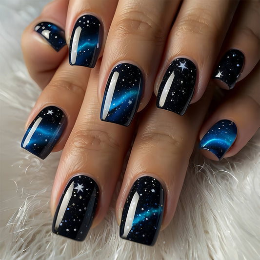 Galactic Glamour Medium Square Midnight Blue Cosmic Press On Nail Set with Stellar Glitter Finish