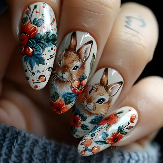 Whimsical Garden Medium Almond Beige Press On Nail Set Featuring Charming Rabbit Illustrations and Vibrant Floral Accents