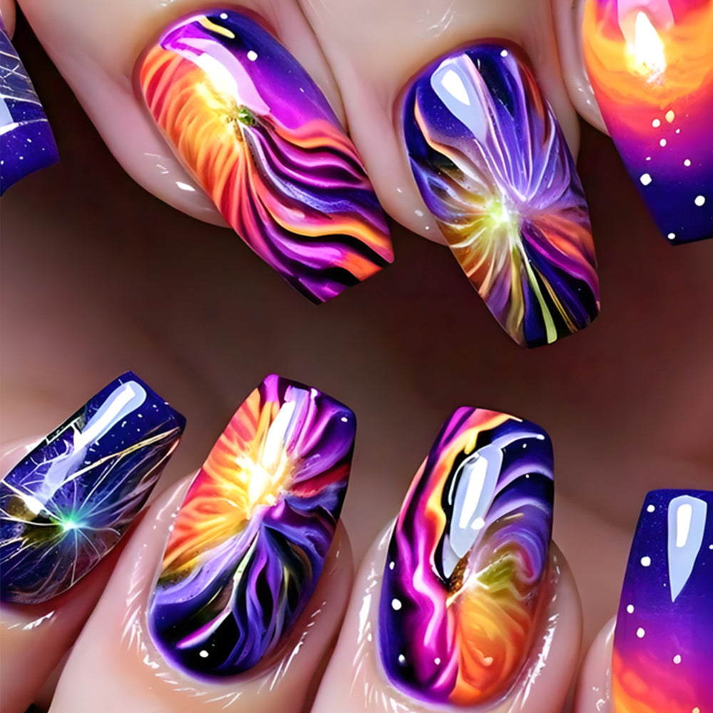 Cosmic Dreams Medium Coffin Purple and Orange Abstract Design Nail Set