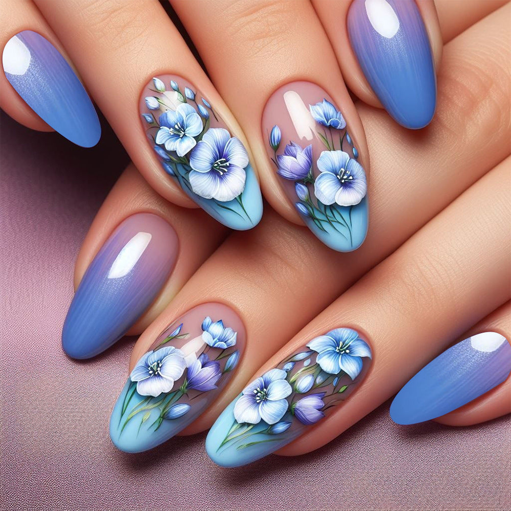 Botanical Bliss Medium Almond Blue Floral Press On Nail Set with Stunning Hand-Painted Designs