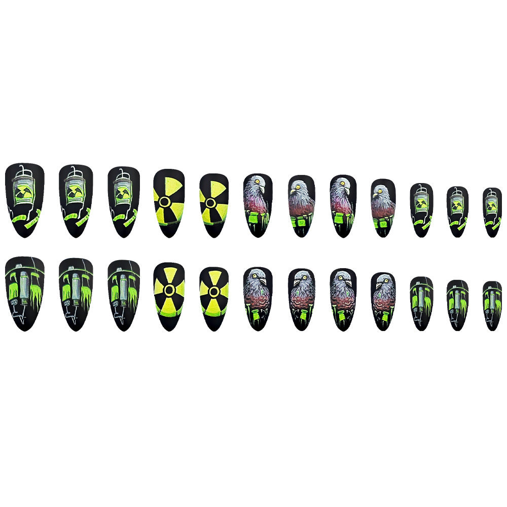 Radiant Sci-Fi Style Short Almond Neon Green and Black Themed Press-On Nail Set with Intricate Graphic Designs