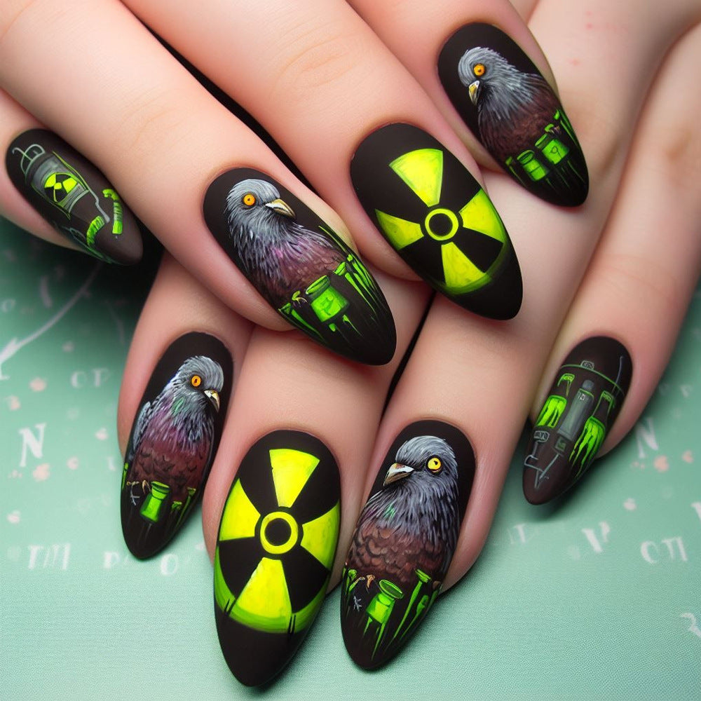 Mystical Night Raven Short Almond Green and Black Matte Press-On Nails with Unique Radiant Glow Detail