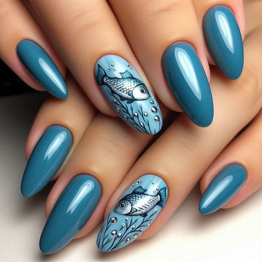 Underwater Dream Medium Almond Blue Nail Set with Stunning Fish Design