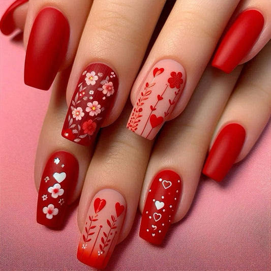 Romantic Blossom Inspired Long Coffin Red Matte Nail Set with Floral and Heart Designs